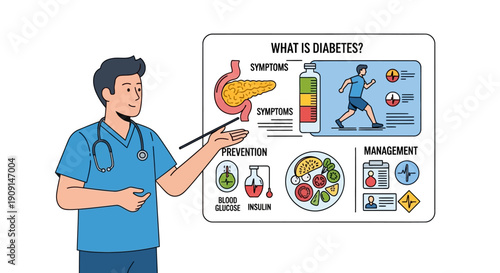 Doctor explains diabetes prevention and management with visual aids showing pancreas, symptoms, exercise, diet, and blood glucose monitoring