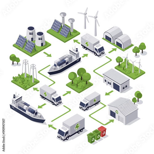 Isometric diagram showing renewable energy and transportation network.