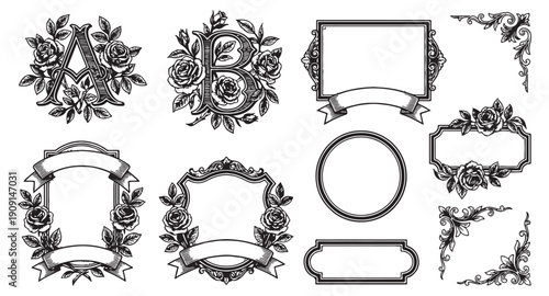 Collection of decorative monogrammed initials A and B with ornate floral borders and banners in a vintage woodcut style.