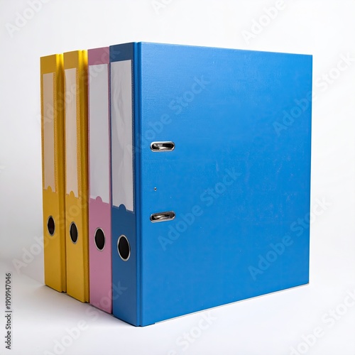 Four colorful file folders, spine facing forward, white background