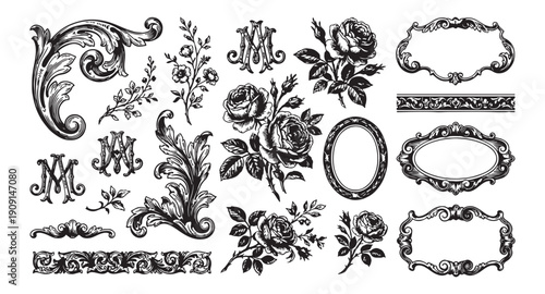 Collection of baroque floral border frames and flourish divider with central monogram letter M vintage ornamental engraving style.