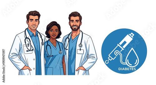 Diverse medical team offering expert care and support for diabetes management with diagnostic tools and patient education