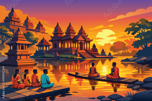 Spiritual Riverside Temple at Sunset Illustration With Meditating Monks in Ancient Asian City.