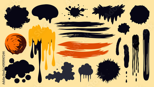 Messy ink brush stroke vector set, black and white expressive marks for grunge and artistic styles