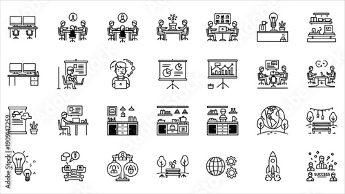 30 Coworking Space Glyph Icons Vector – Meeting Room, Workstation, Coffee Bar, Freelancer, Digital Nomad, and Conference Room.