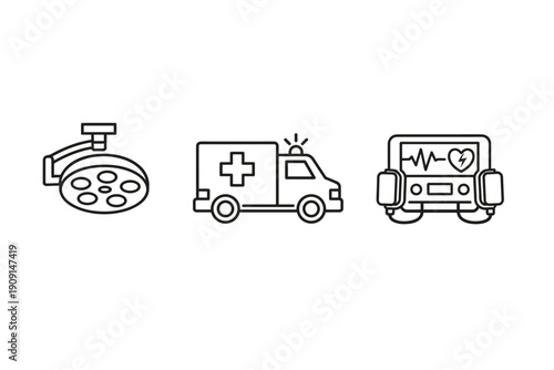 Minimal line icons of emergency healthcare services featuring surgical lamp, ambulance with medical cross, and defibrillator monitor for rescue support