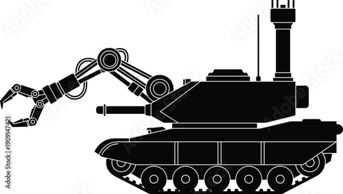 Black military tank silhouette with robotic manipulator arm and surveillance equipment isolated on white background for defense technology future warfare and industrial robotics concepts
