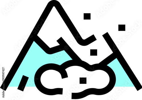 Mountain icon showing an avalanche or landslide in progress, warning of danger and winter hazards on steep slopes, simple flat vector pictogram for ui, signage, or infographic