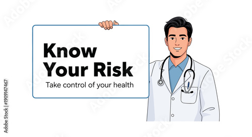 Professional doctor encourages taking control of health with "Know Your Risk" message on whiteboard