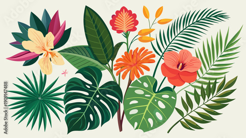 Realistic tropical leaves and exotic flowers vector illustration set for vibrant summer designs