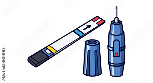 Medical lancet and test strip for blood glucose monitoring, essential for diabetes self care, offering convenience and accuracy at home