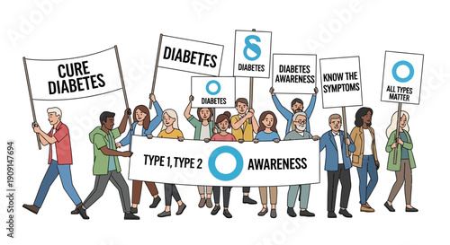 Diverse group marches for diabetes awareness, advocating for cures, knowledge, and support for all types of the condition.