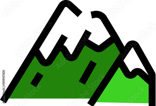 Mountain icon featuring a series of peaks with green slopes, symbolizing nature, landscapes, hiking, exploration, and the pursuit of outdoor activities in a simplified graphic design