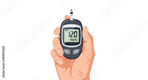 Hand holding a glucose meter showing a blood sugar reading of 120 mg/dL, representing diabetes monitoring and health check-ups