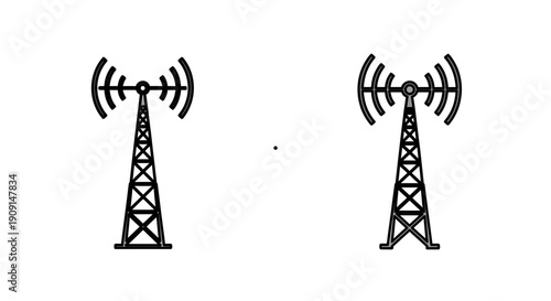 Two Communication Towers Broadcasting Signals, Wireless Technology Concept