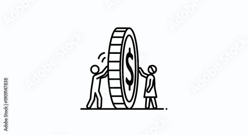 Two people pushing a giant coin with a dollar sign, symbolizing financial effort and teamwork