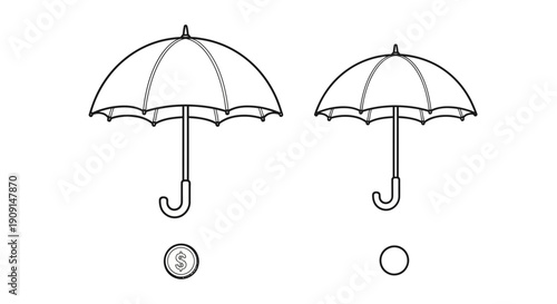 Two Umbrellas, One Protecting Coin, Representing Financial Security and Risk