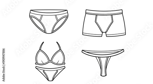 Underwear Collection: Bikini, Thong, Briefs, Boxer - Line Art Fashion Illustration