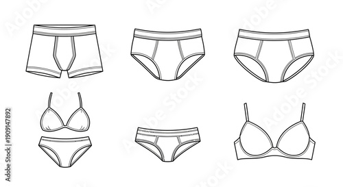 Underwear Collection: Boxer Briefs, Briefs, Bikini, Bra - Hand Drawn Sketch