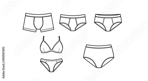 Underwear Collection: Boxer Briefs, Briefs, Bra and Panties - Line Art Illustration