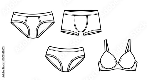 Underwear Set: Bra and Panties Collection, Fashion Sketch, Line Art