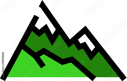 Minimal green mountain vector icon showing stylized peaks and a simple landscape, evoking nature, outdoor adventure, hiking, exploration, sustainable travel and eco friendly tourism