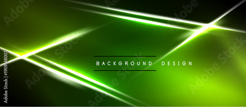Dark green background features bright neon lines. Abstract geometric shapes create dynamic visual effect. Modern design element.