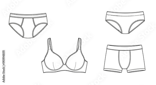 Underwear Set: Bra and Panties, Briefs, Boxer Shorts - Line Art Fashion Illustration