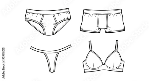 Underwear Set: Bra, Briefs, Boxer Shorts, and Thong - Line Art Fashion Illustration