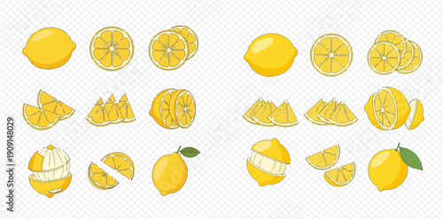 Vibrant yellow lemons in various forms, including whole, sliced, and peeled, set against a transparent background.