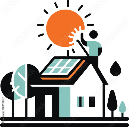 Person installing solar panels on a house roof solar energy