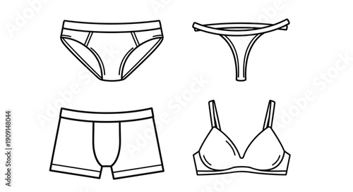 Underwear Set: Bra, Thong, Briefs, Boxer Briefs - Line Art Icons