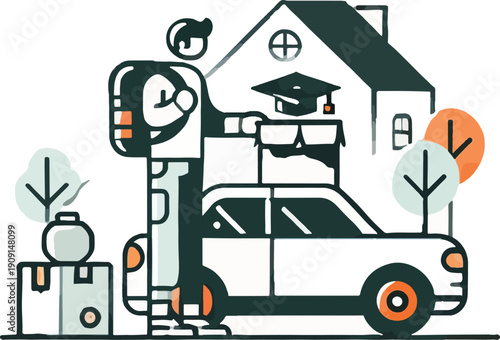 Person moving house with car and graduation cap home