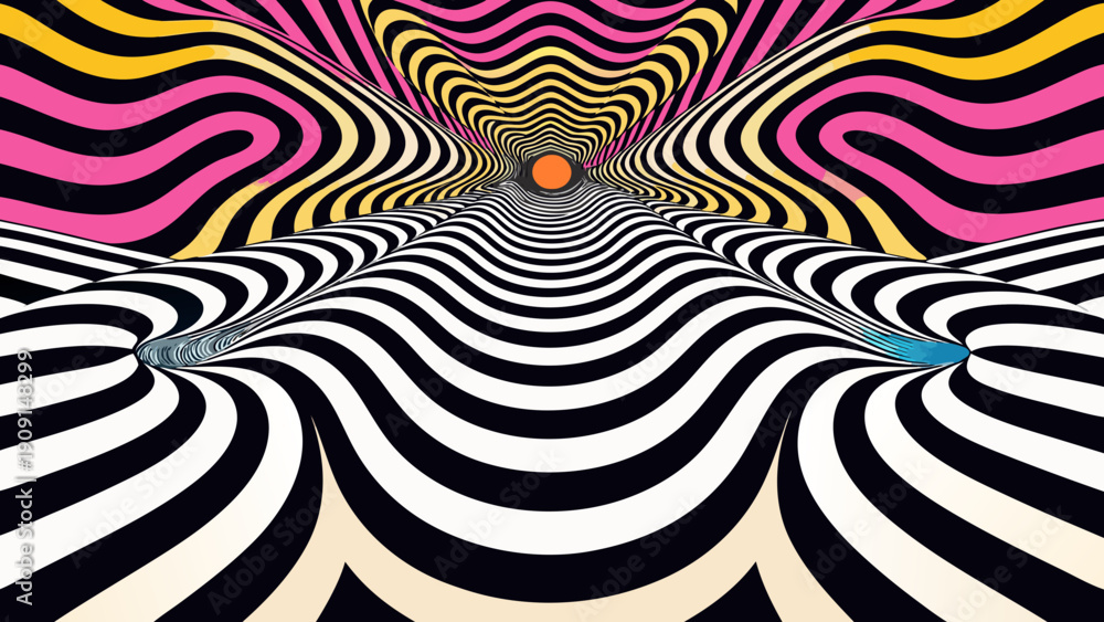 Obraz premium Retro Groovy Psychedelic Striped Ripple Background in Black for Vintage Designs