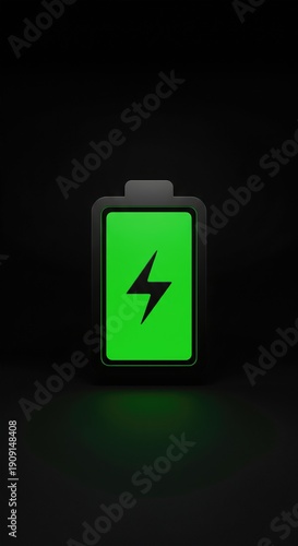 Green Battery Icon with Lightning Symbol for Clean Energy and Fully Charged Concept