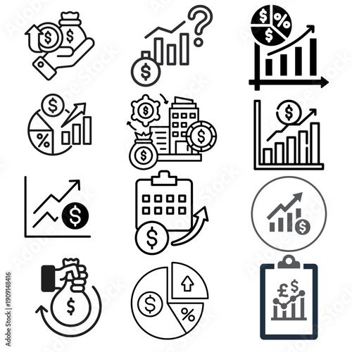 Finance and Investment Line Icon Set – Banking, Stock Market, Cryptocurrency Vector Collection