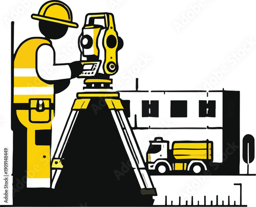 Surveyor with total station and building tripod construction