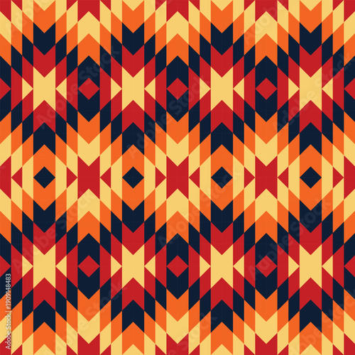 Seamless geometric tribal pattern with ethnic Navajo motifs in warm sunset colors