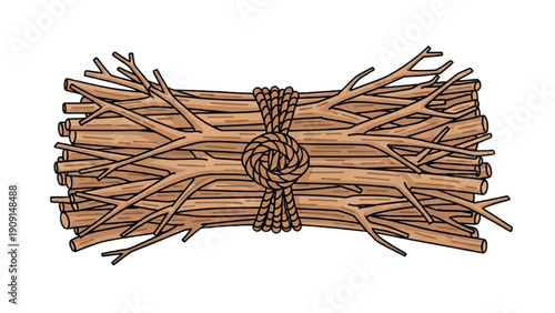 Illustration of a bundle of twigs tied together with rope from a horizontal viewpoint
