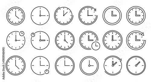 Minimalist clock icon set featuring different analog clock designs and time positions