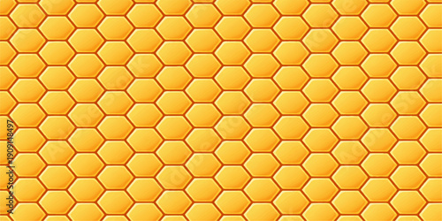 Seamless yellow honeycomb pattern featuring a close up of sweet golden hexagon beeswax cells in a nature inspired vector illustration