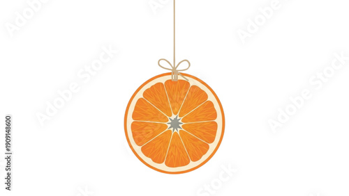 An orange slice hanging from a string, viewed from the front, in a minimalist environment