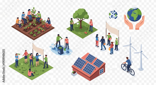 People engage in environmental activities like farming and renewable energy.