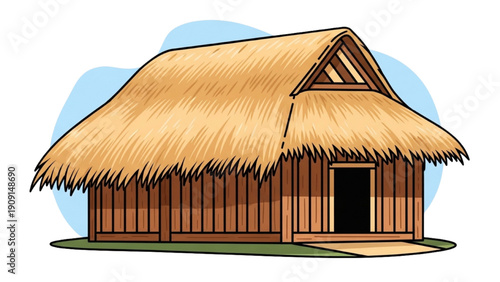 Traditional thatch hut with wooden walls and triangular roof depicted in illustration from a front viewpoint