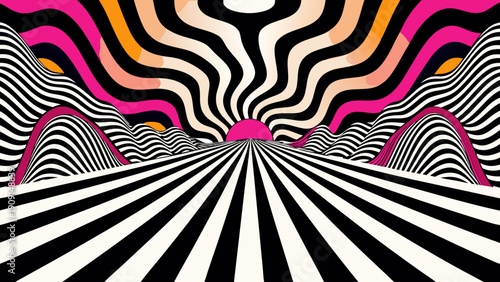 Psychedelic groovy black ripple pattern with bold stripes, reminiscent of 70s retro art.