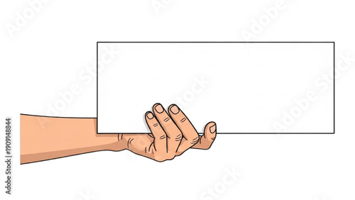 Hand holding a blank rectangular sign from a lateral viewpoint with fingers visible