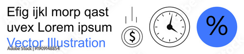 Time management, financial planning, banking concepts, saving money, interest rates, budgeting. Clock, dollar sign and percentage symbol on white background. Time management and financial planning