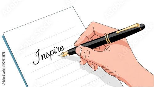 Hand holding pen writing Inspire on paper, close-up view