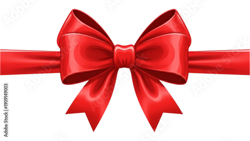 A bright red ribbon bow tied in a bow on a ribbon against a plain background from a front view