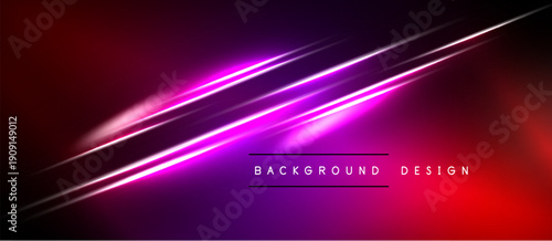 Abstract background features vibrant neon lines, gradients. Red, purple hues dominate dark space. Modern design element.